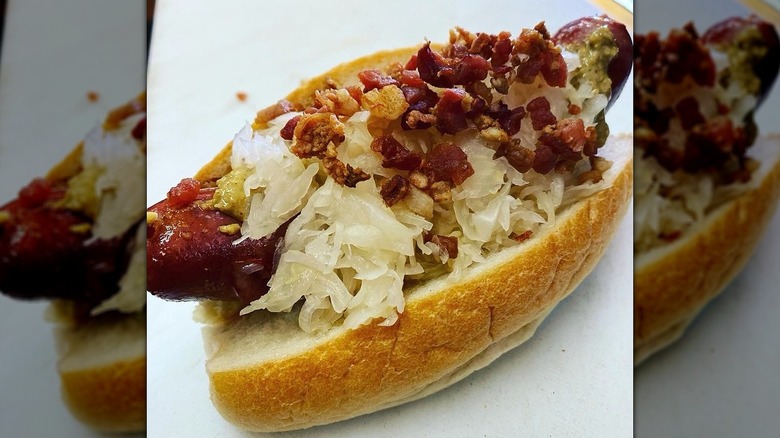 Kielbasa hot dog loaded with lettuce and bacon bits in bun on white surface