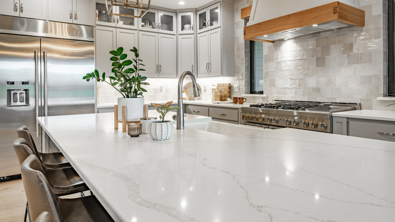 Objects on marble kitchen counter
