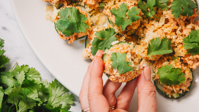 Hand holding one fricasse style tuna salad bite