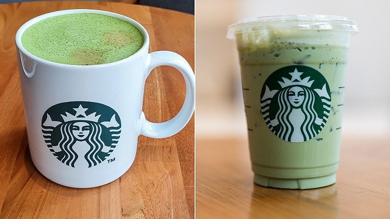 A mug of hot Starbucks Matcha Latte and its iced counterpart