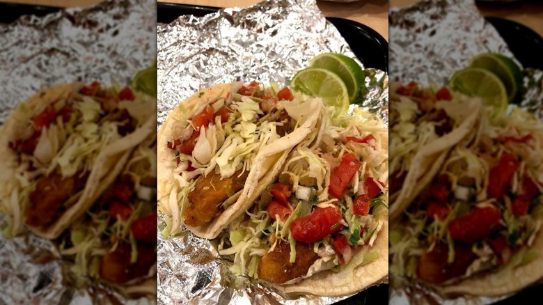 Del Taco Beer Battered Fish Tacos on foil