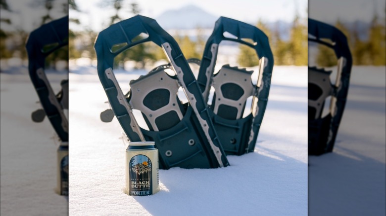 Can of Black Butte Porter in front of snowshoes