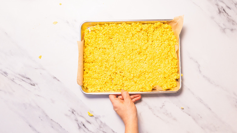 Cooked saffron risotto in baking sheet