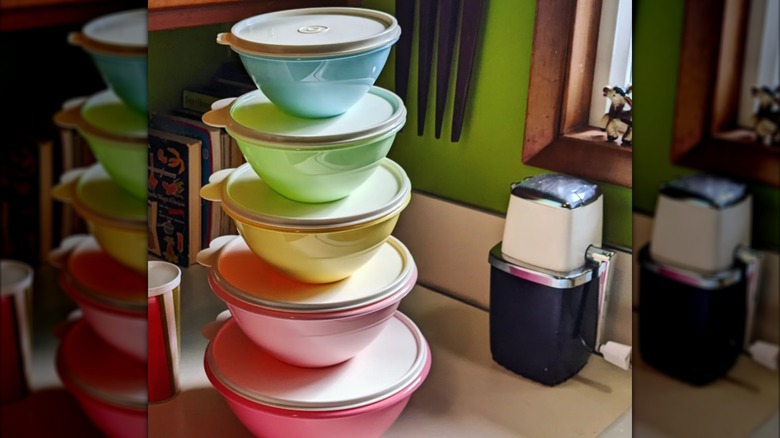 Tupperware bowls stacked on kitchen counter