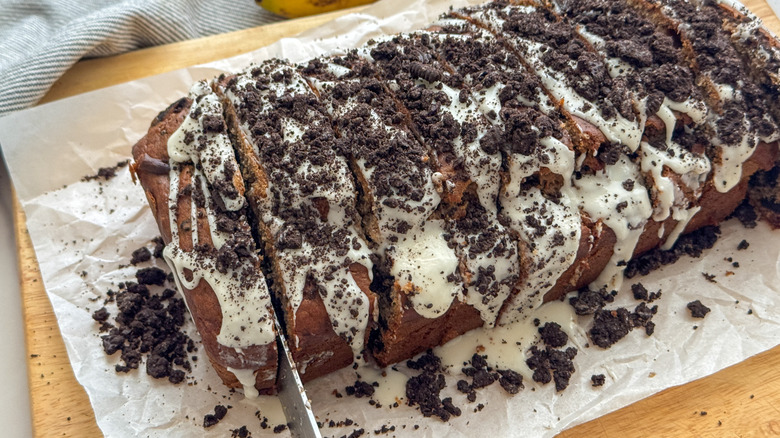 sliced oreo banana bread loaf