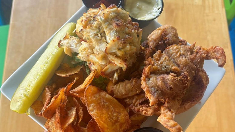 Plate with crab, crab cake, pickle, and potato chips