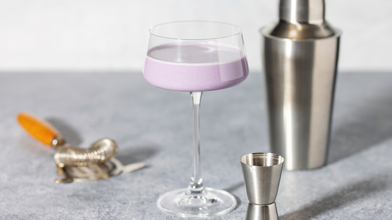 A purple matcha cocktail in a coupe glass and a cocktail shaker