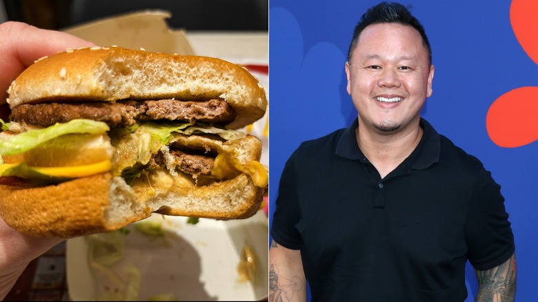 A McDonald's Big Mac with a bite taken out of it, side by side with a red carpet photo of chef Jet Tila