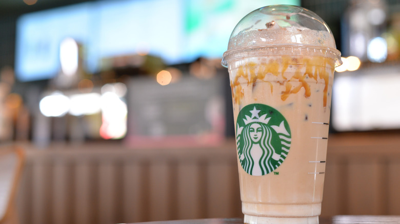 Starbucks iced drink with caramel drizzle