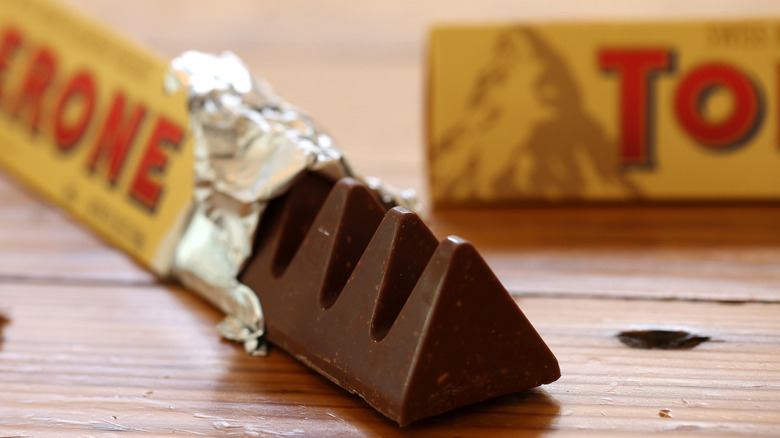 A semi-unwrapped bar of Toblerone chocolate
